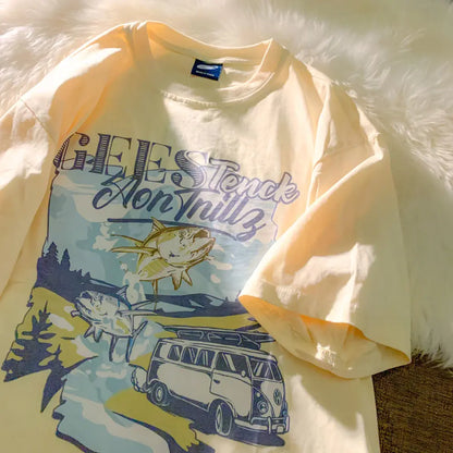 Pure cotton Japanese milk yellow cartoon car print short-sleeved T-shirt for men and women trendy loose and versatile clothes Street King Limited