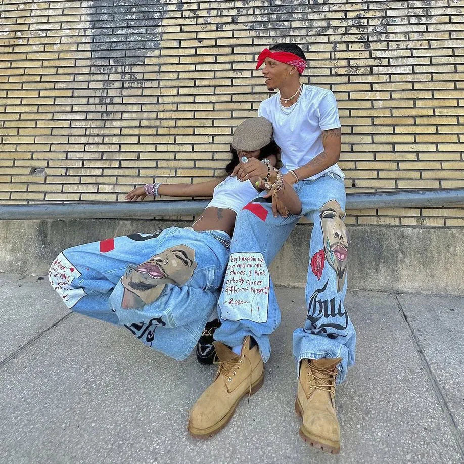 european and american street trend loose straight jeans summer female portrait print hip hop trousers female wide leg pants unique jeans style 730