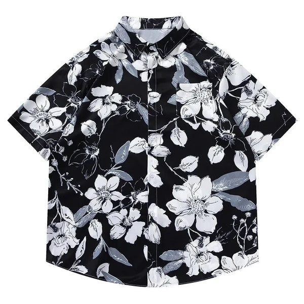 Men Hawaiian Floral Short Sleeved Shirts Harajuku Japanese Thin Blouse Retro Loose Casual Summer Lapel Tops Social Fashion Street King Limited