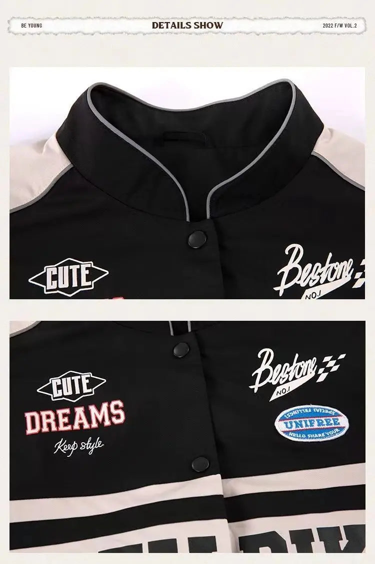 Spring and Autumn American letter printed motorcycle baseball jacket street style racing couple style goth  denim jacket women Street King Limited