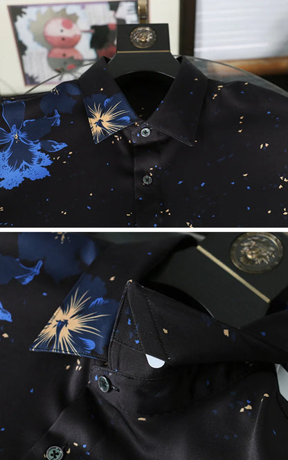New 2021 luxury Men Classic Hibiscus Flowers Ink Fashion 50% Silk Casual Shirts Shirt high quality Pocket Short sleeves #A43 Street King Limited