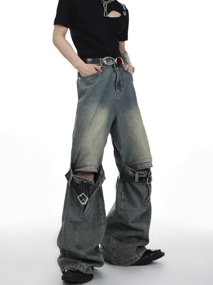 mens knee patchwork belts denim jeans unisex hip hop fashion streetwear harajuku loose flare straight y2k jean pants joggers unique joggers style 3282