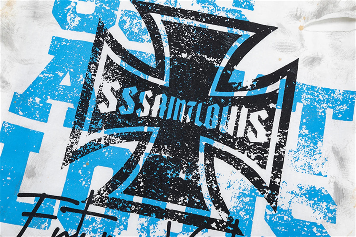 sssaint Louis Vintage Dirty Worn Distressed Cross Print High-Street Graffiti Long Sleeve T Shirt Pullover Summer Street King Limited