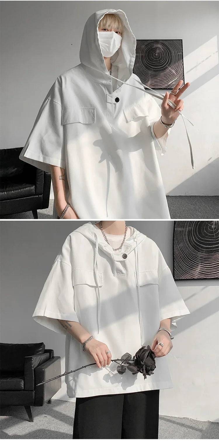 5 Colors Summer Hooded T shirt Men Korean Half Sleeve Pullover Streetwear Loose T-shirt Tops Drawstring Men Clothing Street King Limited