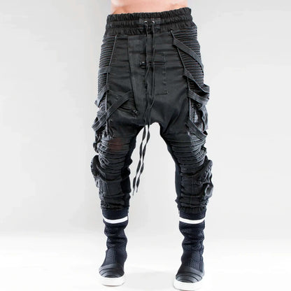 vintage motorcycle trousers joggers mens asymmetric straped pleated cross pants function elastic waist trousers unique joggers style 3583