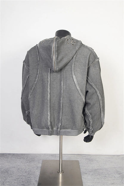 new thug club brand fashion high street vibe style cotton oversized splicing zipper washed distressed grey jacket hoodies urban fashion pants