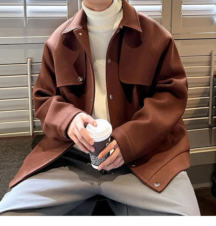 Winter Short Woolen Coat Men Warm Retro Thickened Woolen Jacket Men Streetwear Korean Loose Woolen Coat Mens Oversized Overcoat Street King Limited