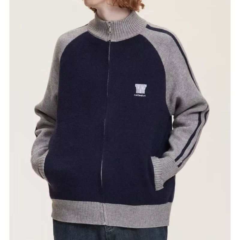 2023 College Vintage Knit Cardigan Men Harajuku Letter Print Patchwork Sweater Casual Loose Zipper Pull Homme Spring Autumn Street King Limited