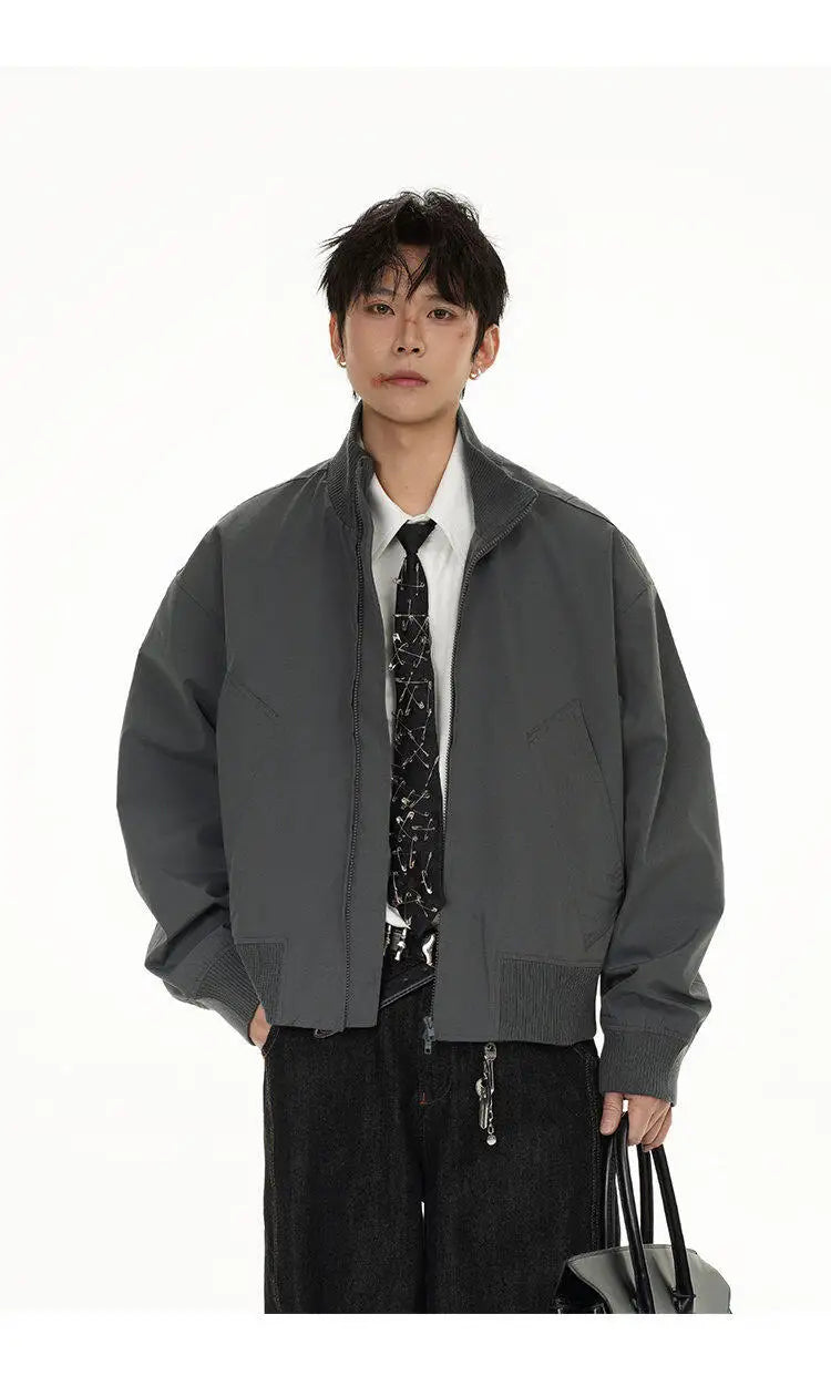 short design stand collar bomber jacket men korean streetwear fashion loose casual vintage bomber jacket coat cityboy outerwear unique shorts style 517