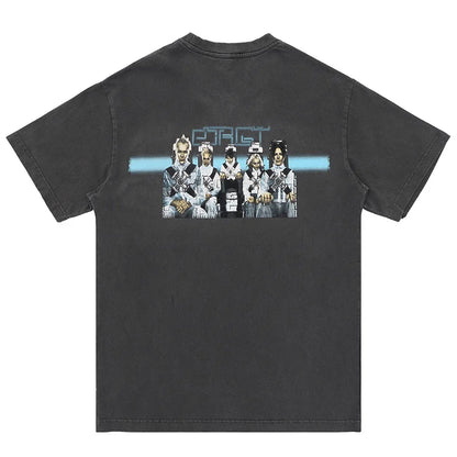 New Vintage Wash T Shirts Men Woman Abstract Luminescence Blue Ribbon Future Warrior Printing Loose Casual Top Tees Street King Limited