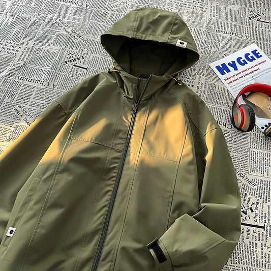 autumn spring casual mens outdoor jacket basic solid colour hooded windbreaker unisex coats waterproof male jackets relaxed fit trousers