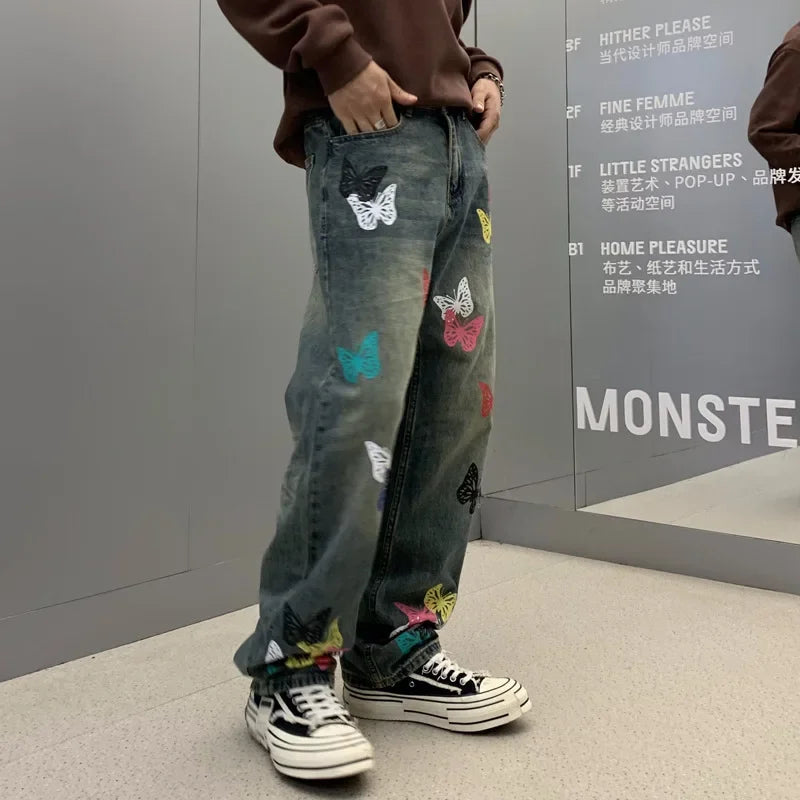 butterfly print jeans men streetwear fashion vibe loose casual hiphop straight washed denim pant jeans cityboy teen trousers vintage washed jeans