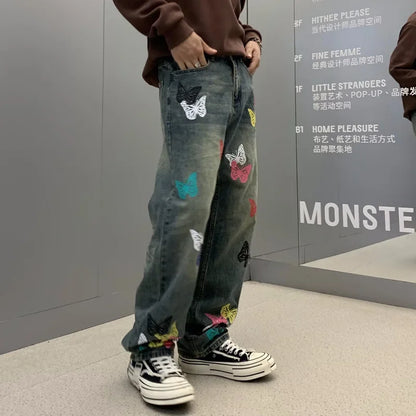 butterfly print jeans men streetwear fashion vibe loose casual hiphop straight washed denim pant jeans cityboy teen trousers vintage washed jeans