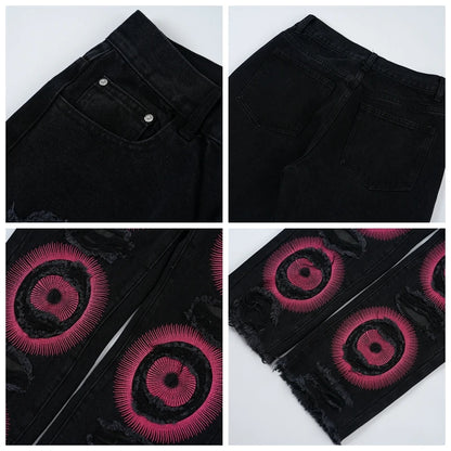 y2k streetwear embroidered ripped wide jeans for men washed destroyed torn flared jean male tassels hip hop jeans pants baggy unique jeans style 5162
