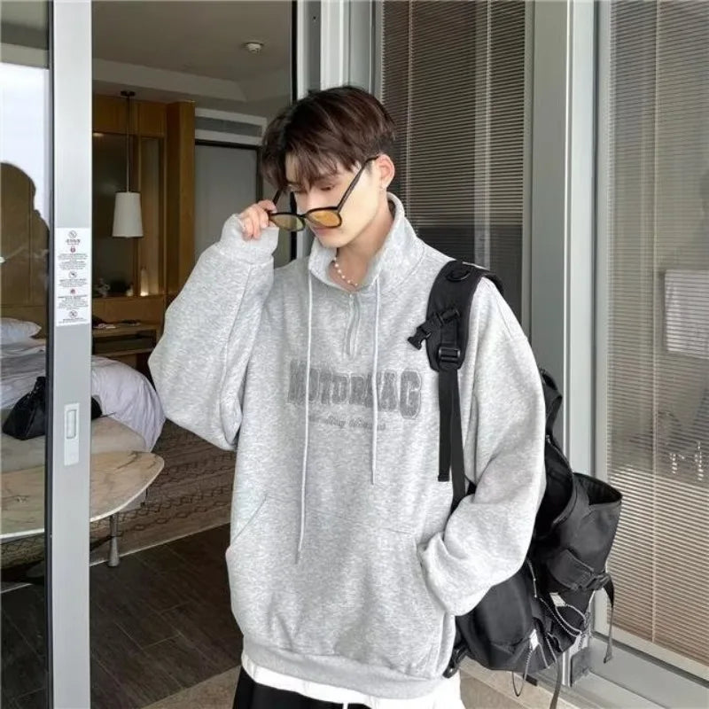 Street Half Zip Hoodie Mens Spring New Vintage Letter Embroidery Loose Sweatshirt Drawstring High Collar Big Pocket Pullover Top Street King Limited