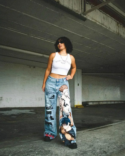 harajuku high street y2k baggy jeans punk popular print wide leg denim pants jeans streetwear trouser men clothing unique jeans style 1986