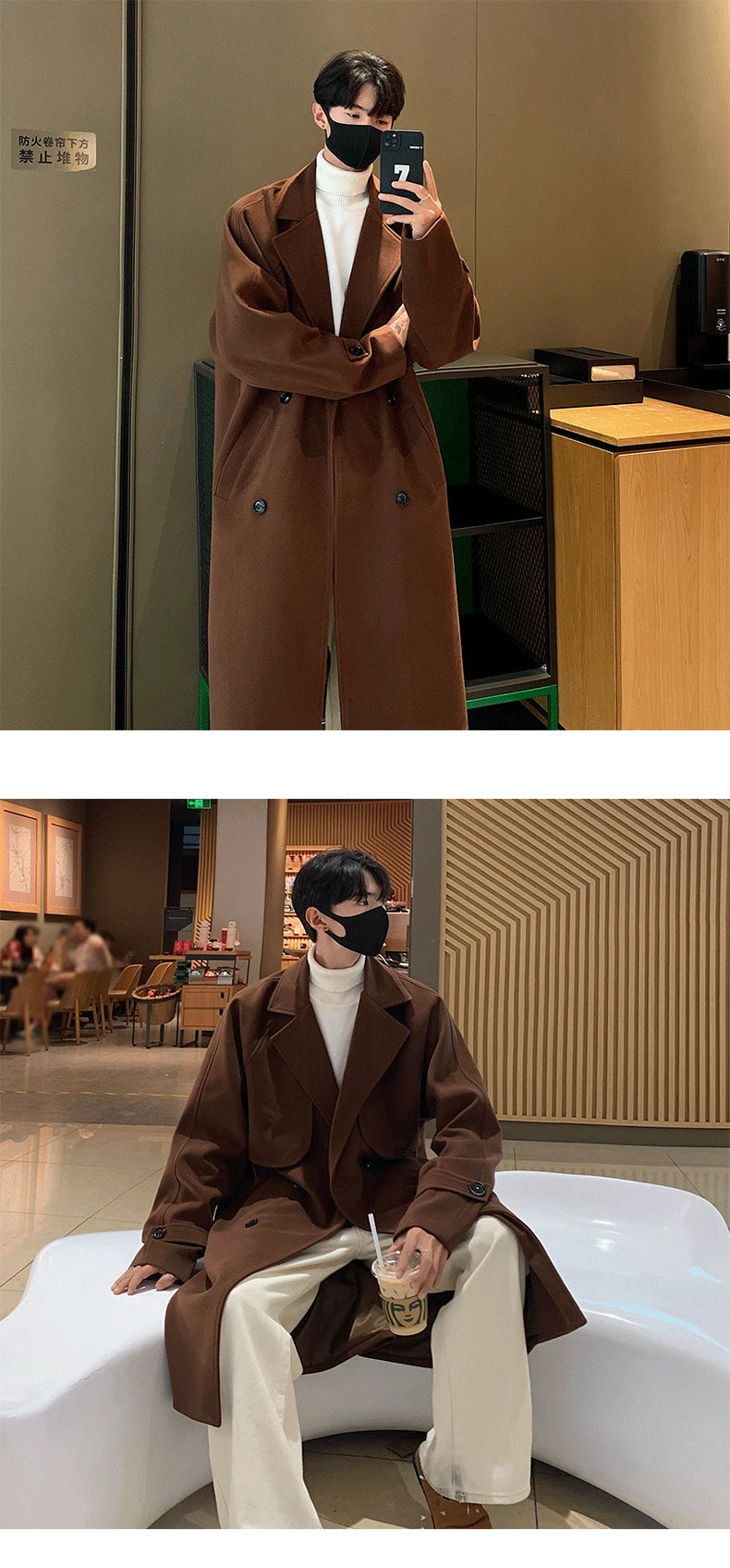 Men's Autumn Winter Mid Length Woolen Coat New Korean Tide Black Thickned Overcoat Long Sleeve Double-breasted Jackets Street King Limited