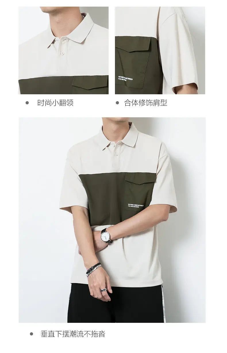 New polo shirt men's contrast color lapel spliced long sleeve t-shirt japanese large size loose sweatshirt bottoming shirt tops Street King Limited