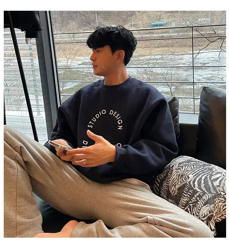 Cotton 2024 autumn and winter Korean style round neck sweatshirt men trendy brand handsome ins loose letter print top jacket emo Street King Limited