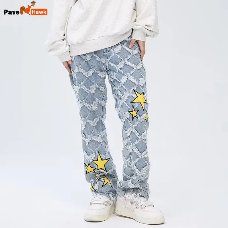 Y2K Star Embroidery Plaid Stacked Jeans Pants for Men Straight Women Hip Hop Denim Trousers Pantalon Homme Street Raw Edge Pant Street King Limited