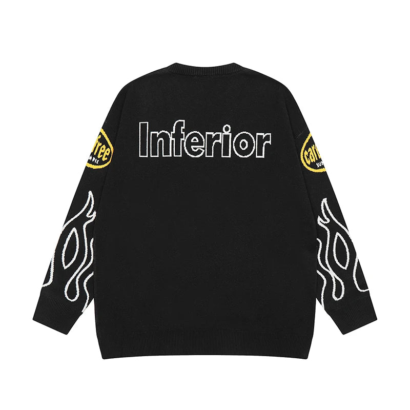Hip Hop Knitted Sweater Men Letter Fire Pattern O-neck Pullover Streetwear Casual Loose Sweater Unisex Harajuku Jumpers Knitwear Street King Limited