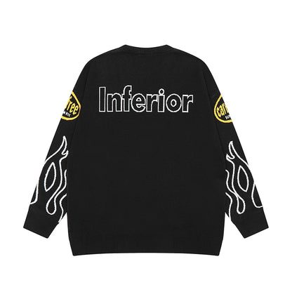 Hip Hop Knitted Sweater Men Letter Fire Pattern O-neck Pullover Streetwear Casual Loose Sweater Unisex Harajuku Jumpers Knitwear Street King Limited