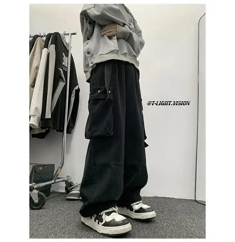american hip hop large pocket workwear pants for men and women in autumn trend loose fitting straight leg casual wide leg pants unique default style 4776