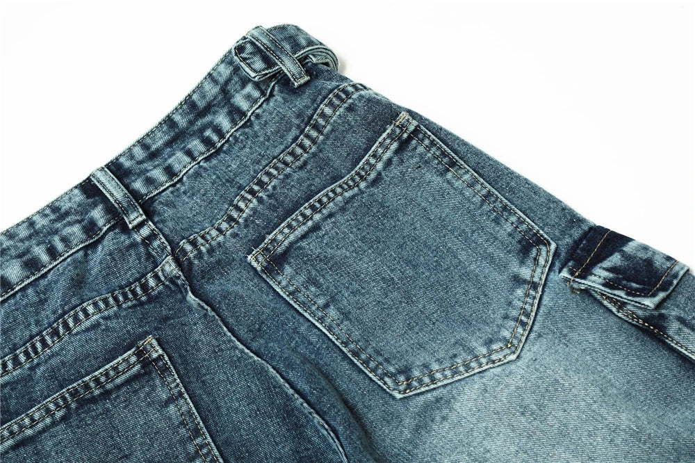 vintage multi pocket jeans mens harajuku cargo denim pants retro hip hop straight loose jean pants men clothing unique cargo style 587