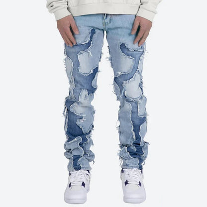 high street vibe style patchwork frayed jeans pants for men retro washed hole ripped casual loose denim trousers oversized denim street jeans