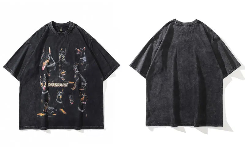 Oversize Distressed T Shirts Hip Hop Vintage Doberman Dog Print Punk Rock Gothic Tshirt Streetwear 2023 Harajuku Casual T-Shirt Street King Limited