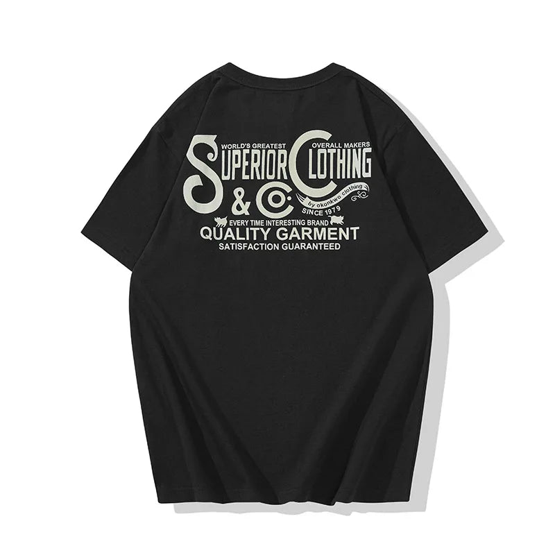 Vintage Amekaji Letter Printed T-shirt Men 2022 Spring Summer New Round Neck Short Sleeve Motorcycle T Shirt Cotton Tees Street King Limited