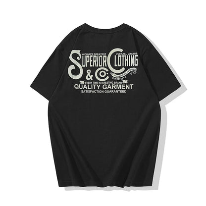 Vintage Amekaji Letter Printed T-shirt Men 2022 Spring Summer New Round Neck Short Sleeve Motorcycle T Shirt Cotton Tees Street King Limited