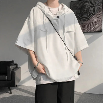 5 Colors Summer Hooded T shirt Men Korean Half Sleeve Pullover Streetwear Loose T-shirt Tops Drawstring Men Clothing Street King Limited