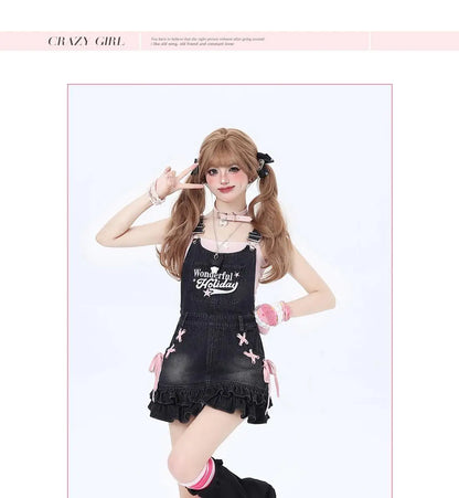Crazygirl Sweet Girl Embroidered Bow Strap Dress Short Skirt summer y2k dress women clothing streetwear harajuku y2k dresses Street King Limited