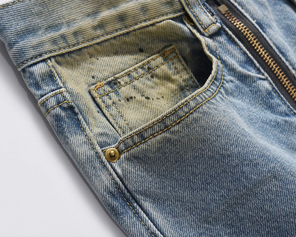 front zipper hole distressed washed vintage mens jeans pants harajuku y2k straight ink painted baggy denim trousers oversized unique jeans style 1974