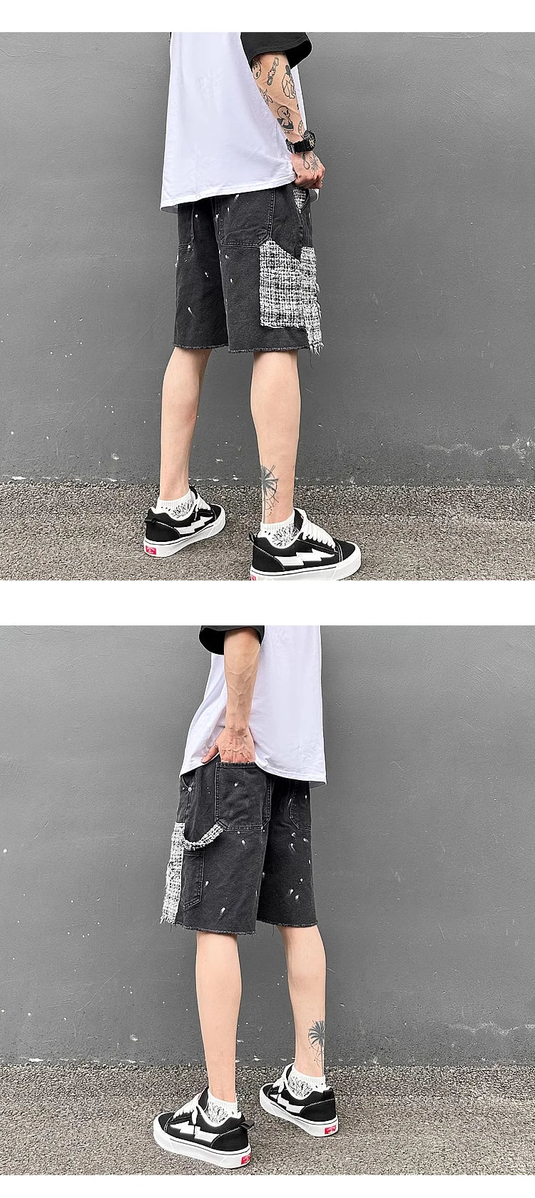 ripped holes patchwork denim jeans shorts mens high street straight short jeans hip hop streetwear casual short joggers pants unique joggers style 5210