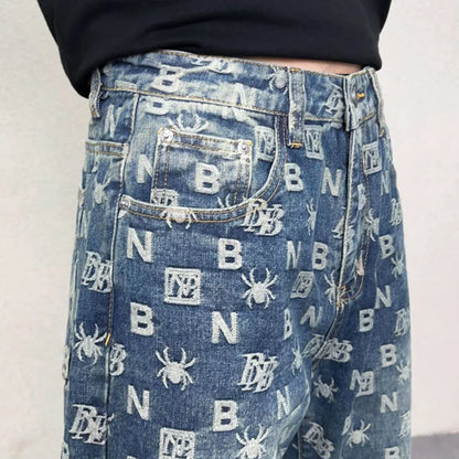 men jacquard streetwear hip hop vibe casual straight denim jeans pants boyfriend high street ripped jeans trousers unique jeans style 3007