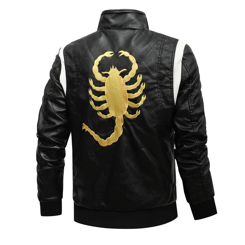 Autumn Winter Bomber Leather Jacket Men Scorpion Embroidery Hooded Jacket PU Leather Motorcycle Mens Ryan Gosling Drive Jacket Street King Limited