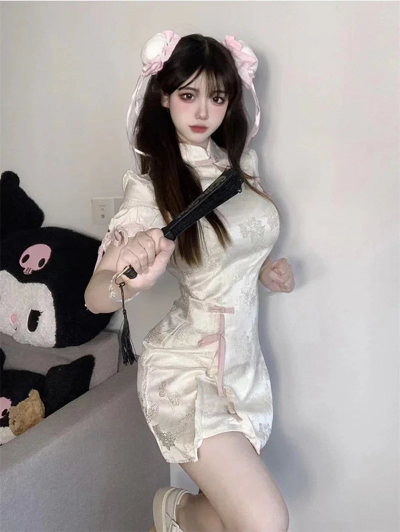 Vintage Chinese Style Cheongsam High Split Mini Dress 2024 Tie Dye Gothic Women Aesthetic Bandage Dresses Y2k Sexy Bodycon Robe Street King Limited