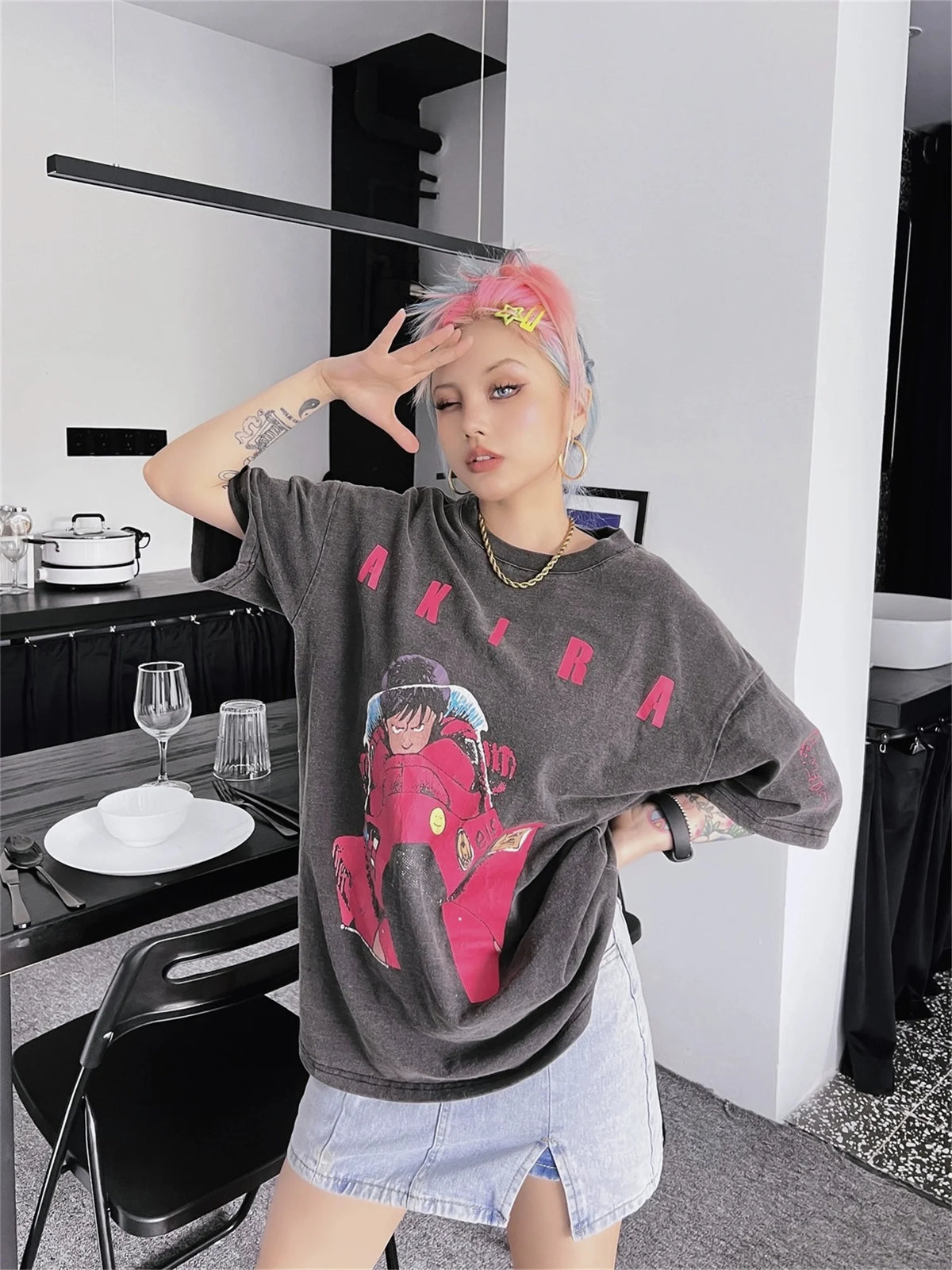 24ss Summer Vintage Retro Anime Printing High-Street T-Shirt Tops Street King Limited