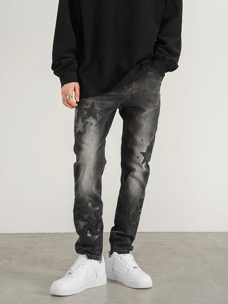 star appliques denim jeans skinny trousers slim fit men new casual biker jeans fashion streetwear hip hop trousers pants joggers streetwear sweatpants
