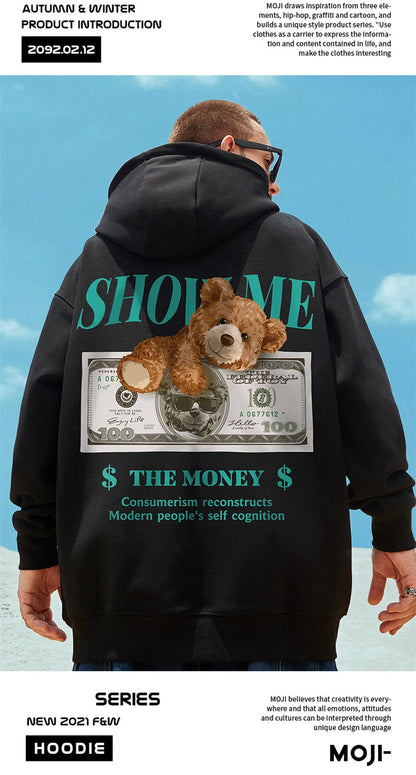 Money Bear Print Fleece Hoodies For Men Autumn Hip Hop Hooded Sweatshirts Unisex Pullovers Streetwear y2k Hoodie Tracksuit Homme Street King Limited