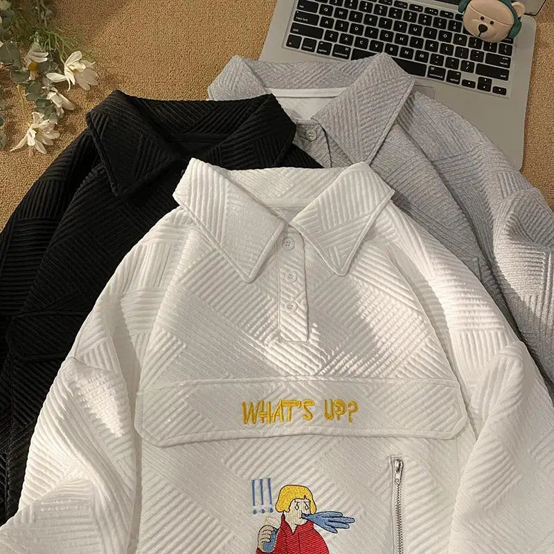 Korean waffle short-sleeved polo shirt with cartoon pattern summer jacquard collar t-shirt for men ins Hong Kong style loose top Street King Limited