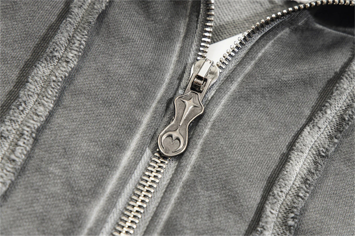 new thug club brand fashion high street vibe style cotton oversized splicing zipper washed distressed grey jacket hoodies minimalist street pants