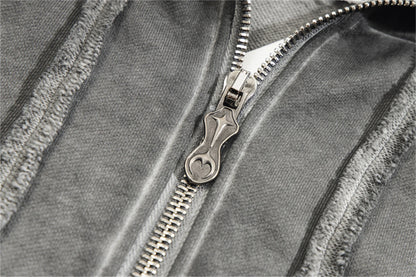 new thug club brand fashion high street vibe style cotton oversized splicing zipper washed distressed grey jacket hoodies minimalist street pants