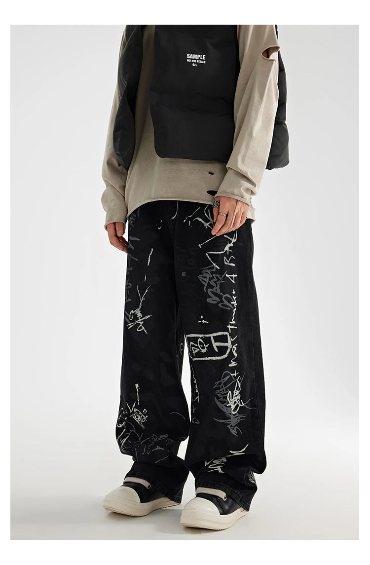 fashion graffiti printed denim jeans men unisex casual zipper wide legs straight jeans streetwear hip hop baggy pants joggers unique joggers style 4072