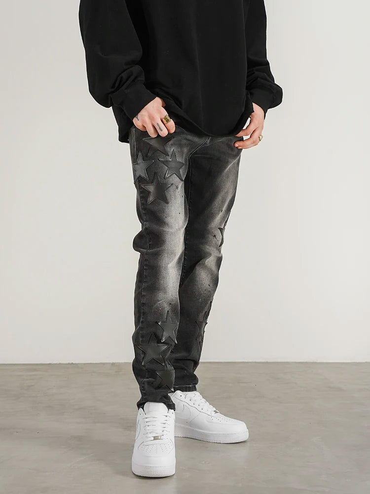 star appliques denim jeans skinny trousers slim fit men new casual biker jeans fashion streetwear hip hop trousers pants joggers urban active pants