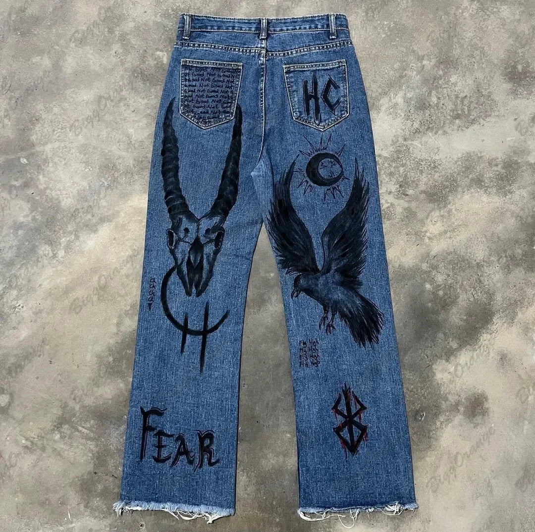 european and american super hot devil pattern pants printed jeans high street hip hop versatile loose vintage blue denim pants urban skinny jeans