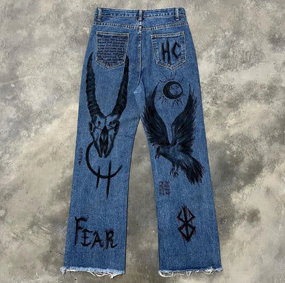 european and american super hot devil pattern pants printed jeans high street hip hop versatile loose vintage blue denim pants urban skinny jeans