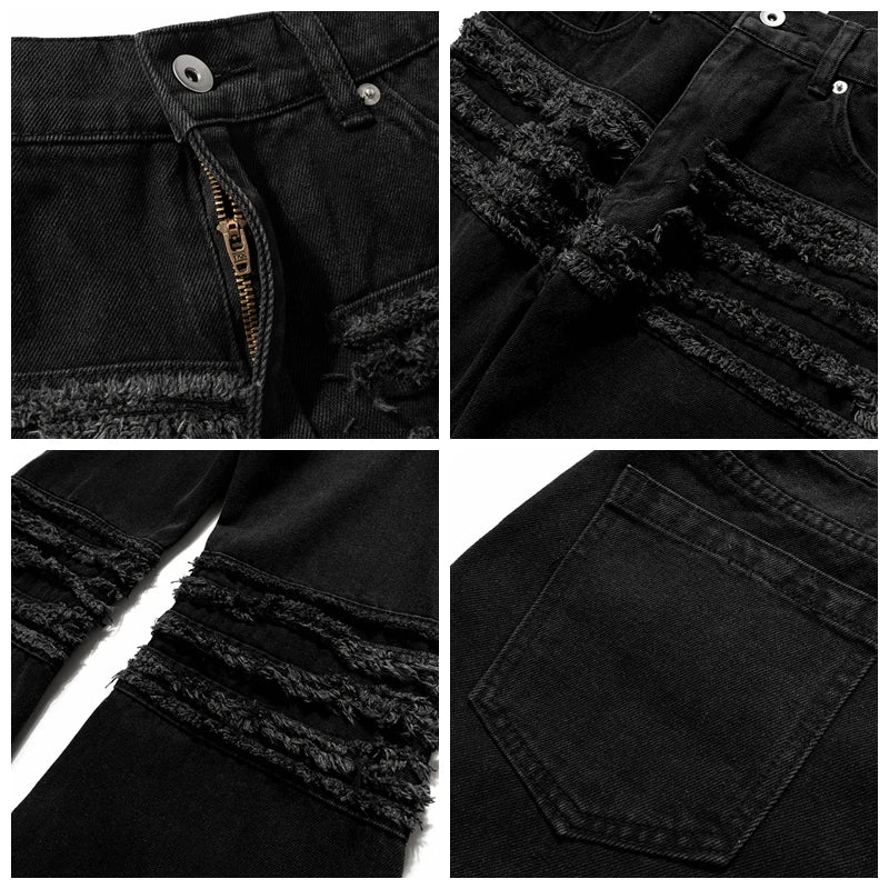 y2k streetwear trendy oversized micro flare jeans black ro hip hop washed tassel distressed denim jean raw edge mens wide pants unique jeans style 4768